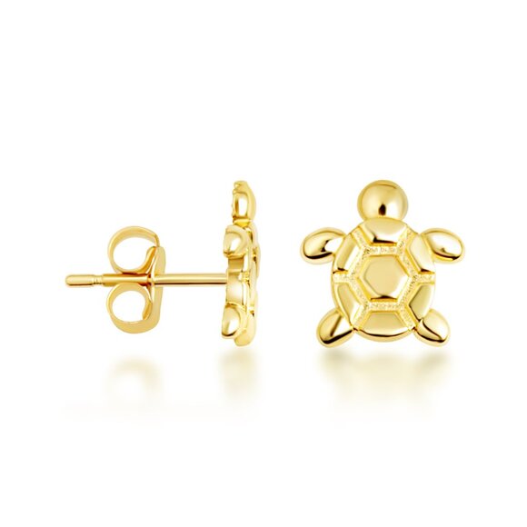 14K Solid Yellow Gold Small Sea Turtle Ocean Stud Earrings